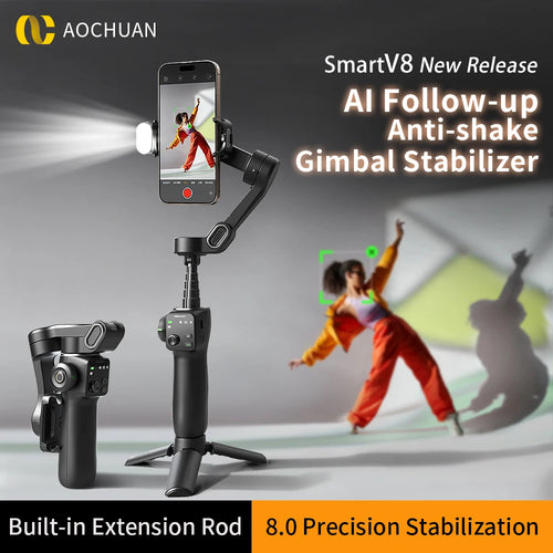 AOCHUAN Handheld Gimbal Stabilizer 3-Axis Smart V8 For Phone with Extension Rod Tripod Face Tracking For iPhone & Android